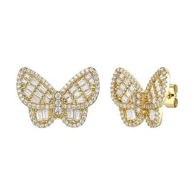 14k Yellow Gold Plated Clear Cubic Zirconia Clusters Large Butterfly Stud Earrings