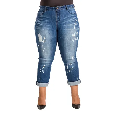 Plus Women's Curvy Fit Blue Bleach Spots Boyfriend Jeans