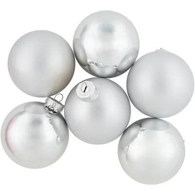 6ct Silver 2-finish Christmas Glass Ball Ornaments 3.25"