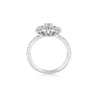 0.80 Carat Tw Three Stone Emerald Cut Halo Engagement Ring In 14kt White Gold
