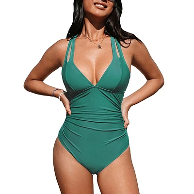 Women's Ruched Cross Back One Piece Swimsuit