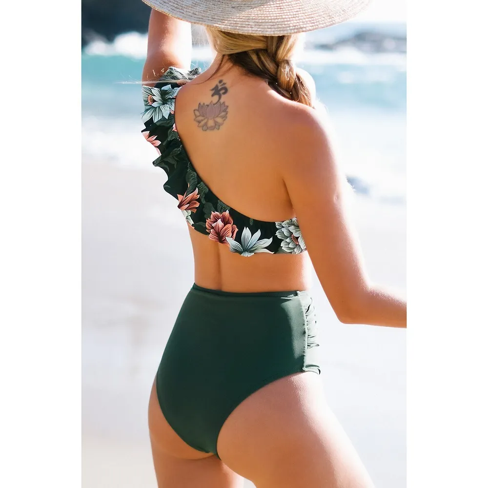 Women's One Shoulder Ruffle High Waisted Bikini Set