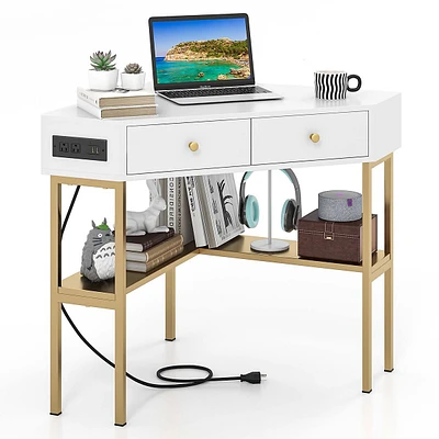 Corner Desk With Built-in Charging Station Storage Drawers & Open Shelves Office