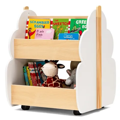 Kids Wooden Bookshelf W/ Wheels 2-tier Toy Storage Shelf Double-sided Bookcase