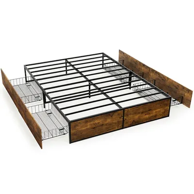 Full/queen Industrial Platform Bed Frame With 4 Drawers Storage Mattress Foundation