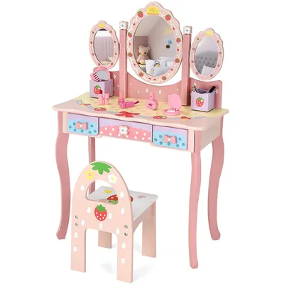 Kids Vanity Princess Makeup Dressing Table Chair Set W/ Tri-fold Mirror Pink