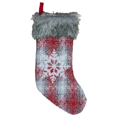 18-inch Red And White Plaid Faux Fur Christmas Stocking With Snowflake