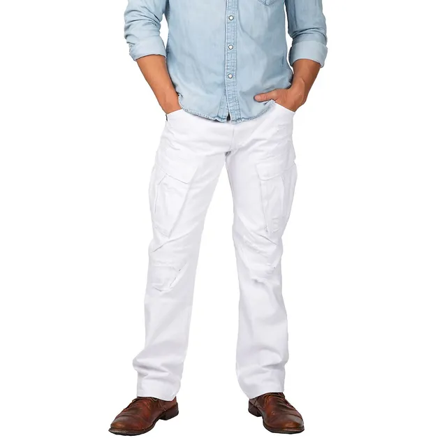 Level 7 Men's Premium White Jeans Slim Straight Distressed Cargo