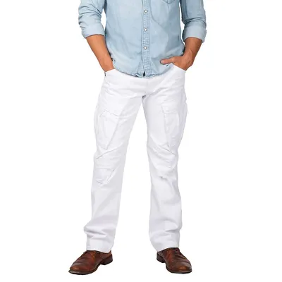 Men's Premium White Jeans Slim Straight Distressed Cargo Side Pockets