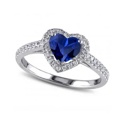 Heart Shaped Blue Sapphire And Diamond Halo Engagement Ring 14k White Gold 1.50ct