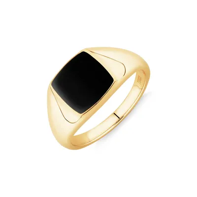 Men's Ring With Cushion-shaped Onyx In 10kt Yellow Gold