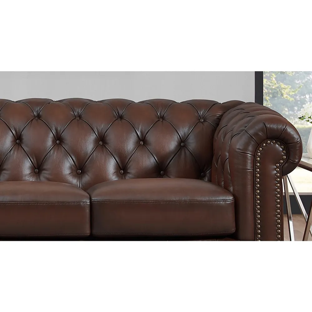 Hydeline Alton Bay Top Grain Leather Chesterfield Loveseat - Caramel Brown