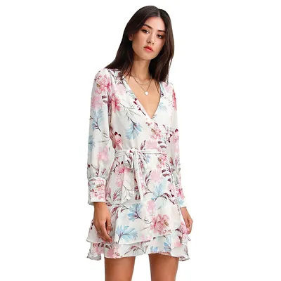A Night With You Mini Wrap Dress - Cream Floral