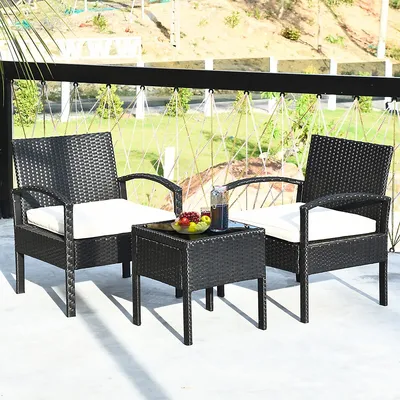 3pcs Patio Rattan Furniture Set Table & Chairs Set With Seat Cushions Garden