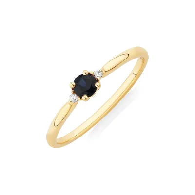 3 Stone Ring With Sapphire & Diamonds 10kt Yellow Gold