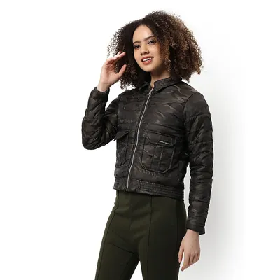 Women's Olive Green Camouflage Puffer Regular Fit Bomber Jacket For Winter Wear