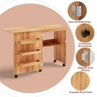 Folding Sewing Craft Table Shelf Storage Cabinet Home Furniture W/wheels Natural