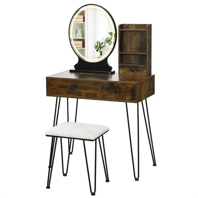 Vanity Table Set Lighted Mirror Storage Drawer Shelf Cushion Stool Rustic Brown