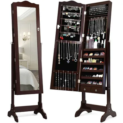 Mirrored Jewelry Cabinet Armoire Storage Organizer W/drawer & Led Lights