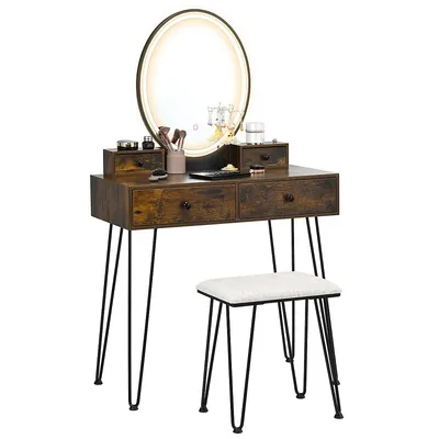 Industrial Vanity Makeup Dressing Table Padded Stool Set 3-color Lighted Mirror
