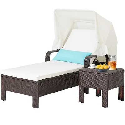 2pcs Patio Rattan Lounge Chair Chaise With Side Table Folding Canopy Cushion Pillow