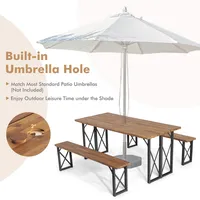 3 Pcs Outdoor Acacia Wood Patio Dining Table Bench Set With 2" Umbrella Hole
