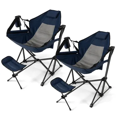 2pcs Hammock Camping Chair W/ Retractable Footrest & Carrying Bag For Camping Navy