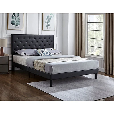 Black Pu Leather Bed W Adjustable Headboard W Button Tufting