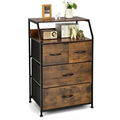 4 Drawer Dresser Tall Wide Storage Organizer Unit W/ Wooden Top Fabric Bins