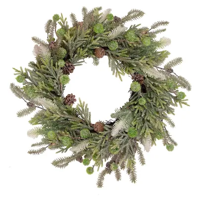 Artificial Christmas Wreath With Frosted Foliage And Pine Cones, 24-inch, Unlit