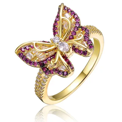 14k Yellow Gold Plated With Ruby & Clear Cubic Zirconia Butterfly Split Top Ring For Young Adults/teens