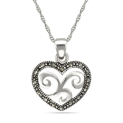 Sterling Silver 18" Marcasite Heart Pendant On Chain Necklace