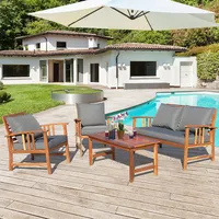4pcs Wooden Patio Furniture Set Table Sofa Chair Cushioned Garden