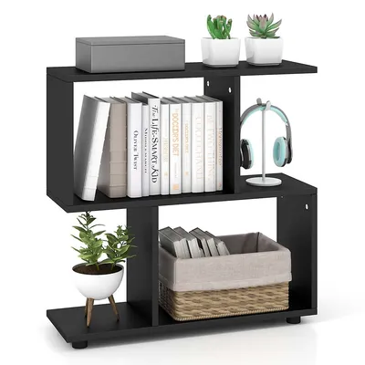 2-tier Bookshelf Free Standing Wooden Display S-shaped Shelf Storage Rack