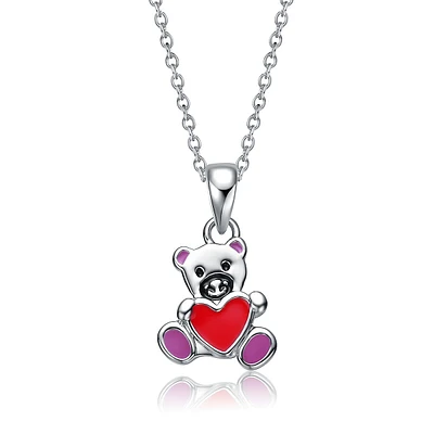 Kids' White Gold Plated Red Enamel Heart Teddy Bear Pendant Necklace