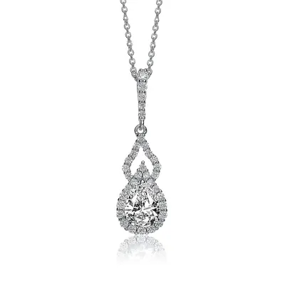 Sterling Silver With White Gold Plating With Round Cubic Zirconia Halo Two Pear Pendant Necklace