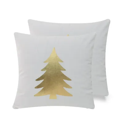 Christmas Icons Throw Pillow, 100% Polyester Velour Foil Print Tree - Size 18 X 18 Inches - Color Gold On White Velour Base- With Poly Insert - Set Of 2