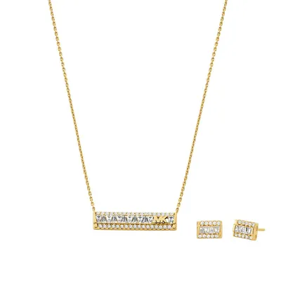 Women's Premium Boxed Gifting 14k Gold-plated Tapered Baguette Bar Pendant And Earrings Giftset