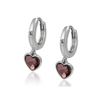 Silver Tone Antique Pink Heritage Precision Cut Crystal Heart Huggie Earrings