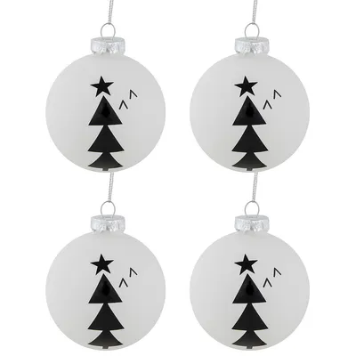 4ct White Glass Ball Ornaments With Black Christmas Trees 3"