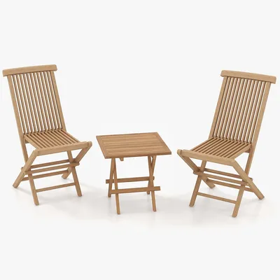 3pcs Patio Bistro Set Square Table Teak Wood Folding Chair Slatted Tabletop Seat