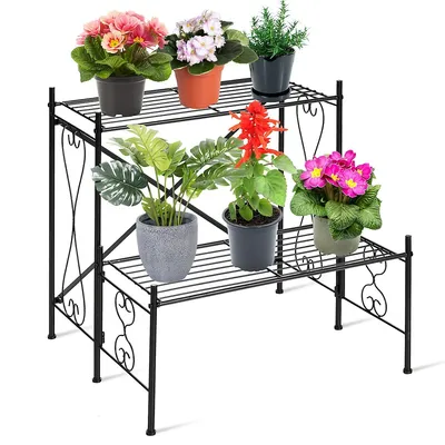 2-tier Metal Plant Stand Garden Shelf Decorative Plant Rack Patio Garden