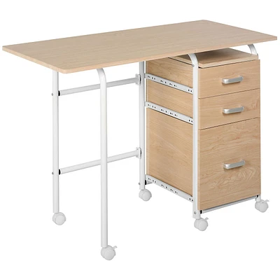 Foldable Computer Desk With Drawers & 6 Wheels