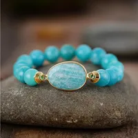 Amazonite Stone Goldtone Beaded Stretch Bracelet