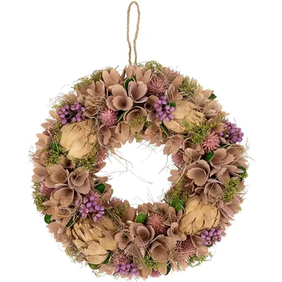 12" Purple And Beige Wooden Floral Spring Wreath With Preserved Artichoke