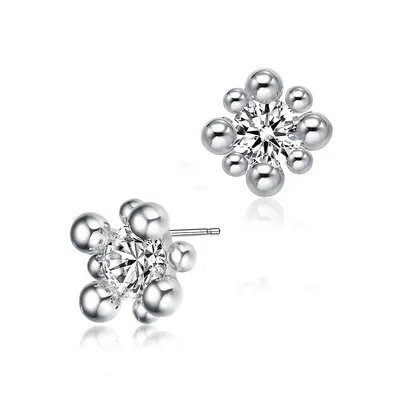Sterling Silver Balls With Cubic Zirconia Stud Earrings