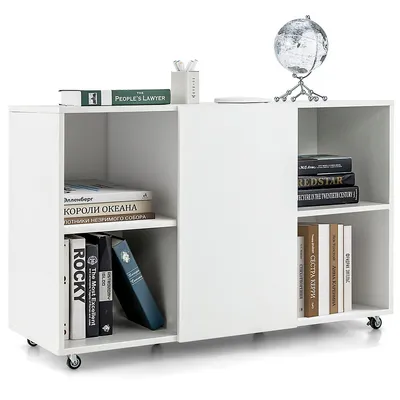 3-tier Wood Bookcase 6 Cube Bookshelf W/ Door Wheels Display Cabinet White