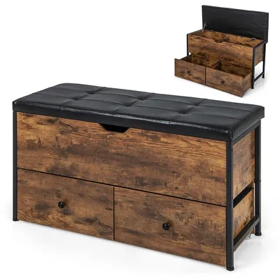 Storage Ottoman Bench Flip Top Wooden Storage Chest With Cushion & 2 Drawers