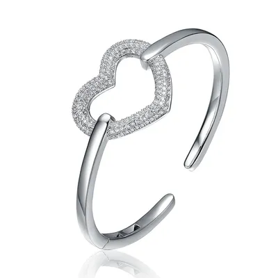 Sterling Silver With Clear Cubic Zirconia French Pave Heart Halo Bangle Bracelet