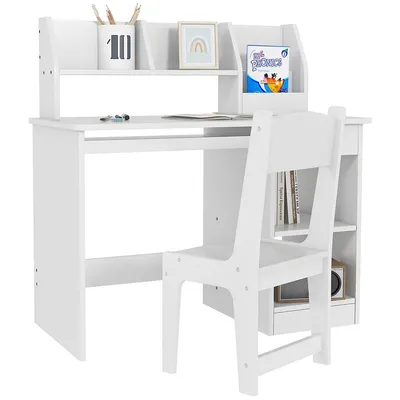 Kids Desk And Chair Set For 5-8 Year Old With Storage, White